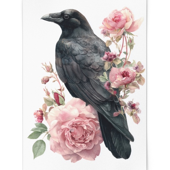 Watercolor Floral Black Crow Wall Art Print Unframed - Black Bird Illustration - Picture 2 of 6